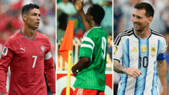 Who is the African World Cup goalscorer older than Ronaldo and Messi?